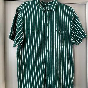 J. Crew Green and White Striped Casual Shirt